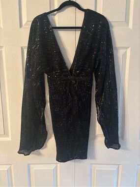 Abyss By Abby Black Sequin Deep V Long Sleeve Mini Dress